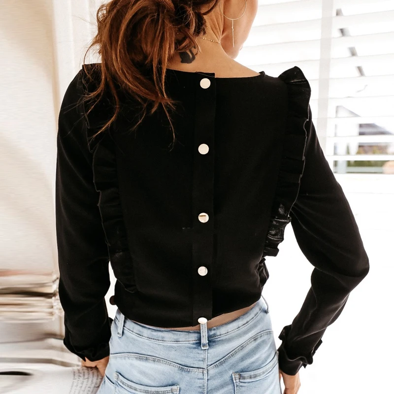 

Fashion Women T-shirts Fashion Ruffle Short Sleeve O-neck Back Button Pullover Holiday Plain Shirts Spring Autumn 2021 tops