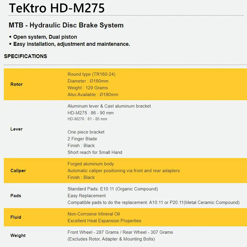 Комплект гидравлических дисковых тормозов TEKTRO HD-M275 передние/задние тормоза 700 /