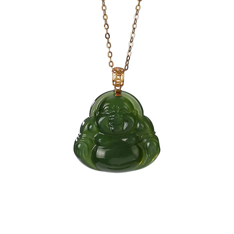 

18K gold inlaid natural Hetian Jasper Maitreya Buddha pendant retro women's autumn/winter sweater chain pendant