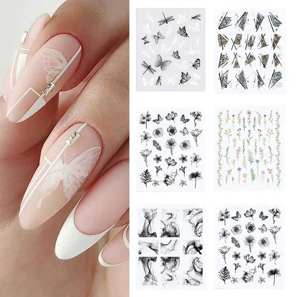 

2021 Black Ink Painting Blooming Water Decals Fruit Flower Face Pattern Harunouta Spring Summer Nail Art Stickers Decor Dropship