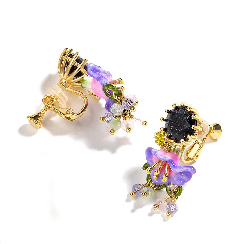clip on earrings Сочный Виноград фиолетовый корова цветок серьги женские эмалированные серьги дизайн декоративные серьги Французский стиль - Окраска металла: clip on earrings