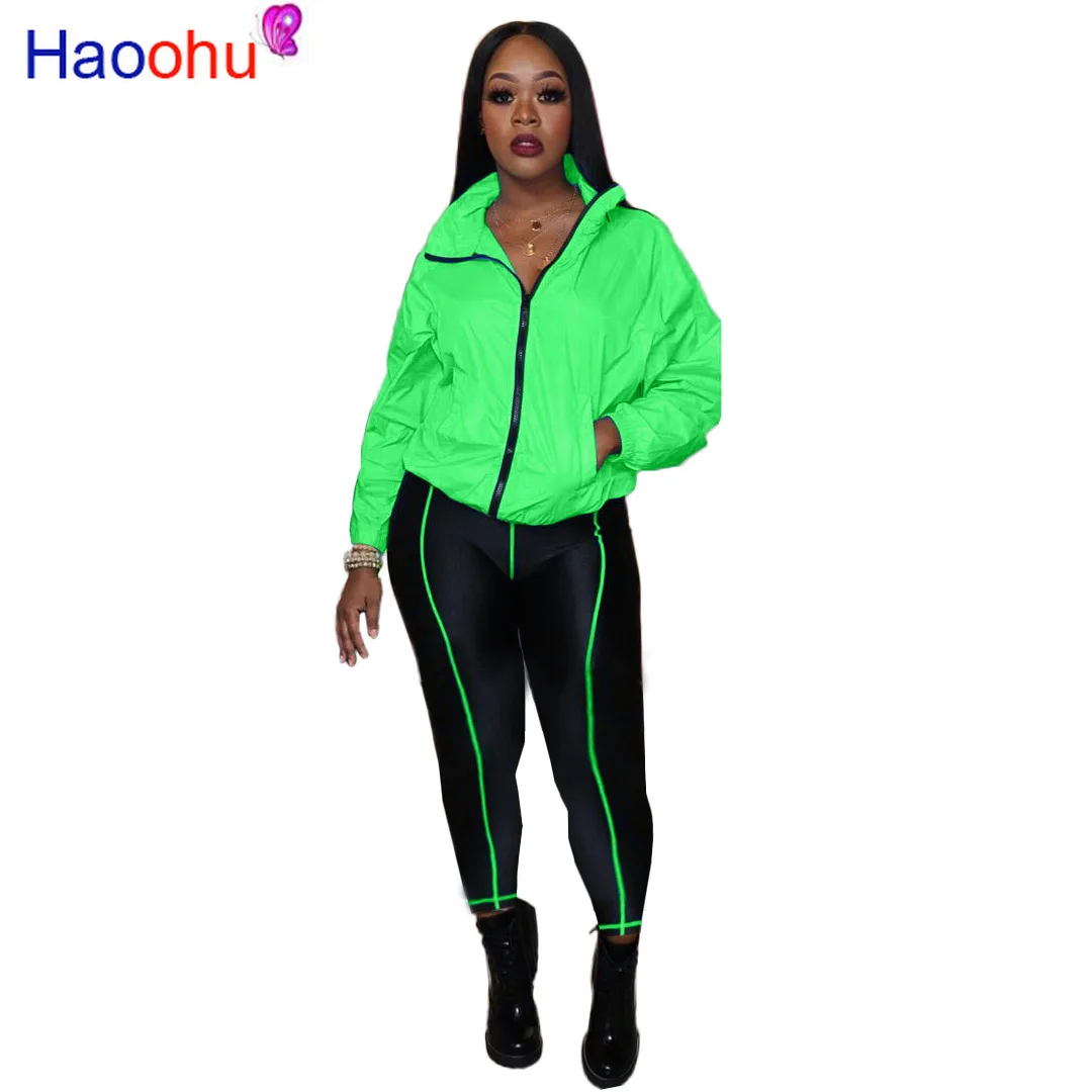 

Fluorescent Green Women Tracksuit Athleisure Two Piece Set Stand Collar Long Sleeve Jacket Coat Skinny Pants Sportswear