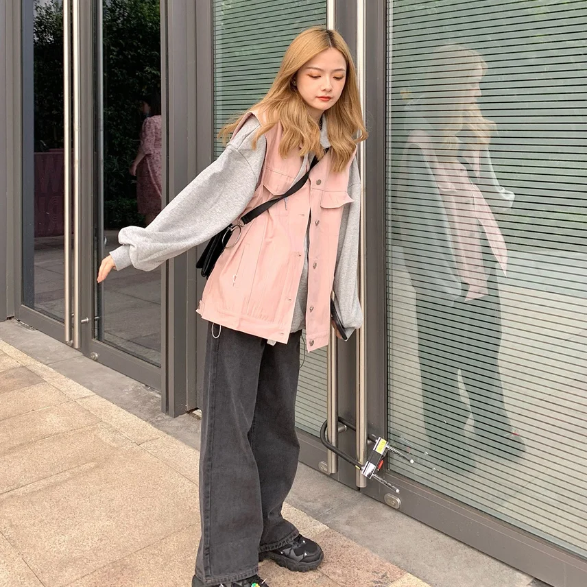 Жилет в иностранном стиле уменьшающий возраст свободный складной розовый