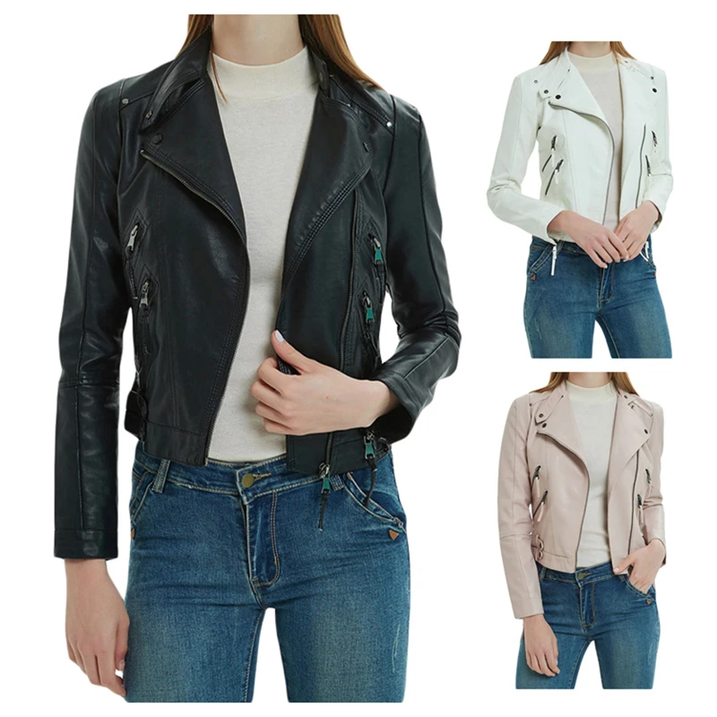 

Kayotuas Women Jacket Spring Autumn Slim Lapel Turn-down Collar Front Zip Up Motor Bike PU Faux Leather Coat Plus Size XS-3XL