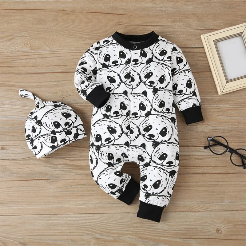 

Newborn 2Pcs Baby Boys Rompers Cartoon Panda Pattern Long Sleeve Jumpsuit and Hat Infant Boy Clothing Autumn Toddler Clothes