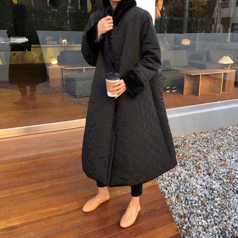 

HziriP New Autumn OL Winter Coat Women Long Parkas Vintage Elegant Lapel Faux Fur Stitching Warm Loose Parkas Female Overcoat