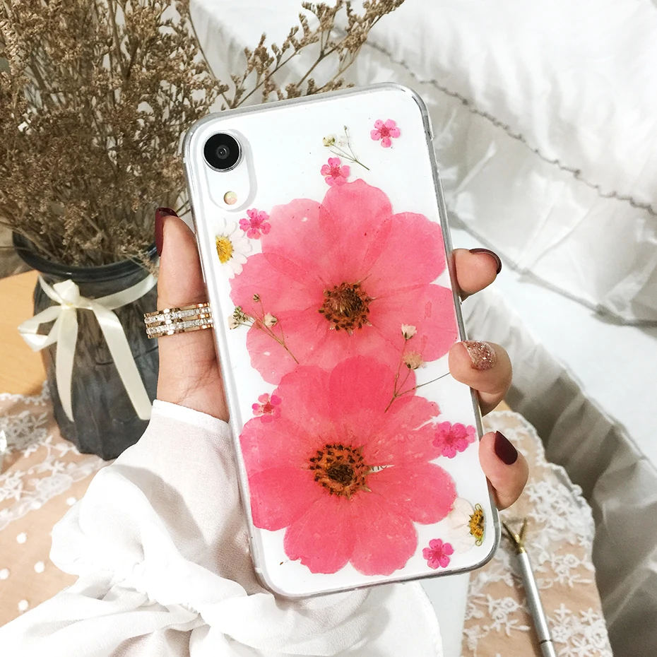 Qianliyao Real dried flower phone case for iphone 14 13 12 11 pro max X XS XR 7 8 plus 6s SE natural handcraft flower soft cover