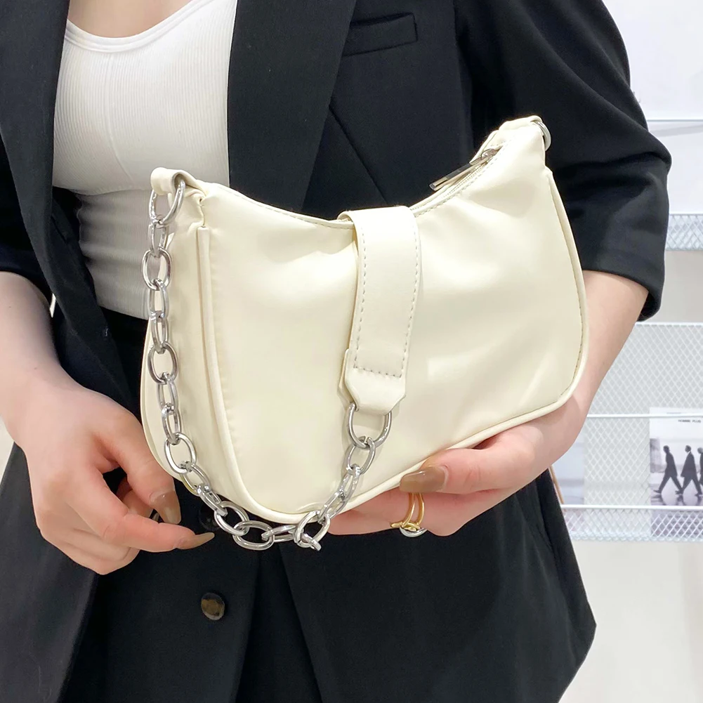 

2021 Branded Solid Color Wide Strap Shoulder Bags For Women Soft PU Leather Messenger Bag Female Thick Chain Bag Sac a Main