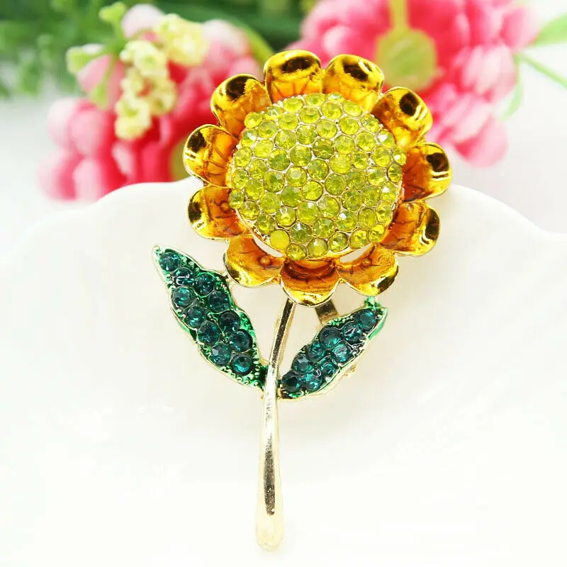 

Pretty Crystal Yellow Sun Flower Brooch Pin Woman Rhinestone Gold Tone Women Accessories Brooches For Metal Pins