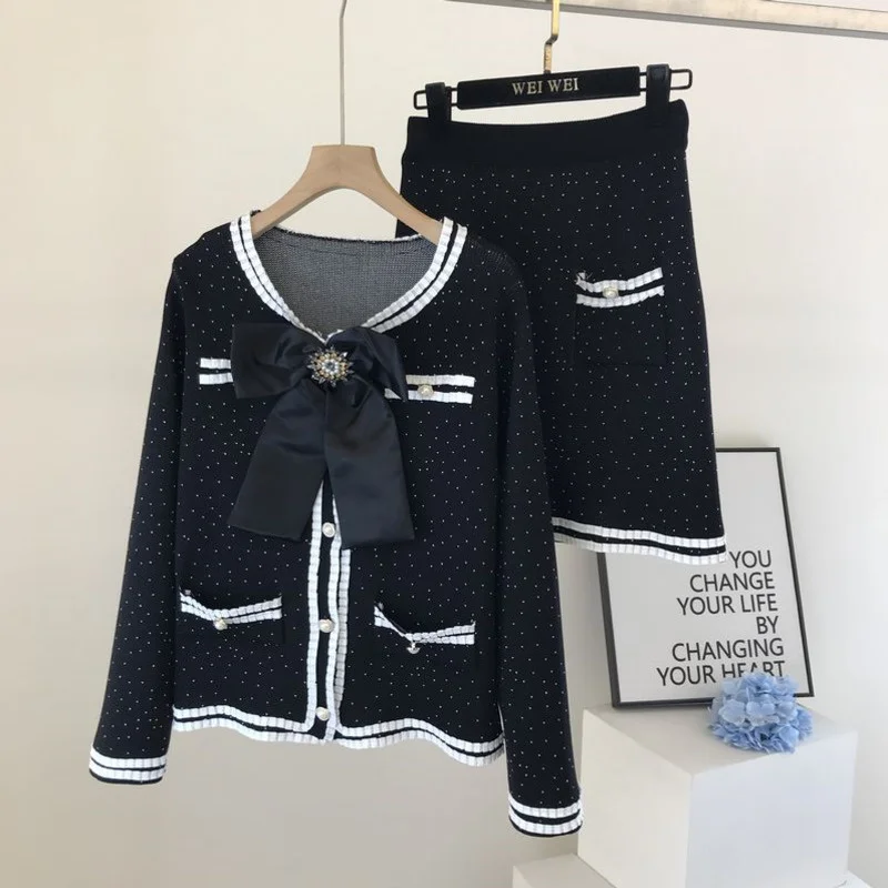 

Small Fragrance New Autumn Winter Vintage Knitted Two Piece Set Women Bow Cardigan Coat + Mini Skirt Suits Casual 2 Piece Sets