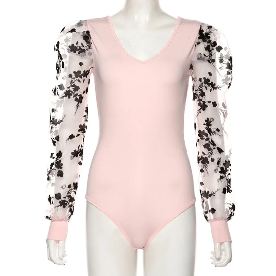 

Embroidery Patchwork Mesh Bodysuit Women Oufit 2019 Autumn Sexy Puff Sleeve V-Neck Backless Jumpsuit Black mono mujer Clothes