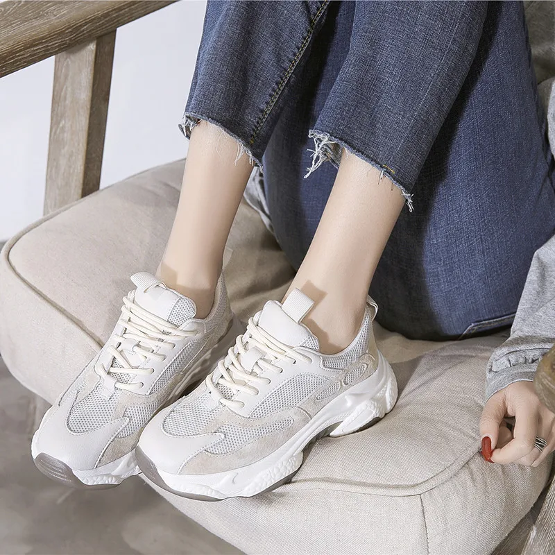 

Asumer 2020 hot sale Vulcanized shoes women sneaker genuine leather mesh spring summer fashion casual dad shoes woman white