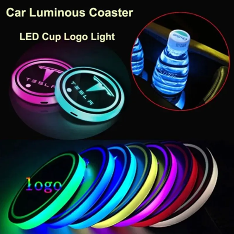 

Led Car Cup Holder Bottom Pad Light Cover Trim Atmosphere Lamps Colorful Lamp Coaster For Tesla Model 3 Y X 2021 Car Accessories