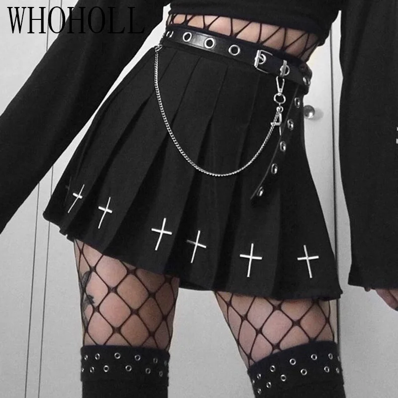 

Women Gothic Mini Black Skirts High Waist Streetwear Cross Print Pleated Women Skirts Casual College Lolita Harajuku Skirt