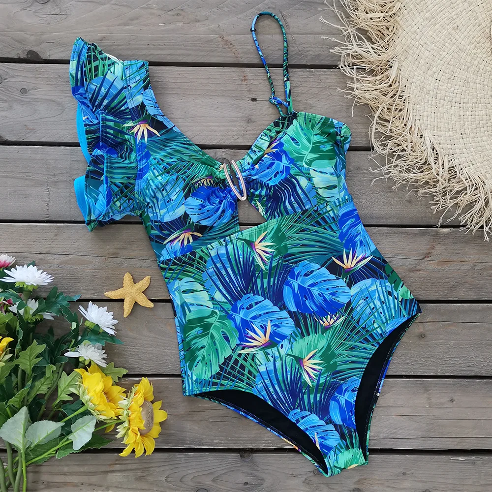

One-shoulder big lotus leaf side jumpsuit European and American printed swimwear backless fashion atmosphere 2021 new