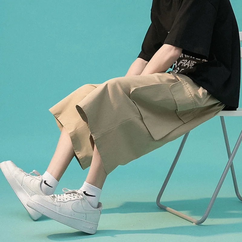 

Summer Cotton Wide-leg Pants Men's Fashion Black Khaki Casual Pants Men Streetwear Loose Hip-hop Pocket Cargo Pants Mens M-2XL