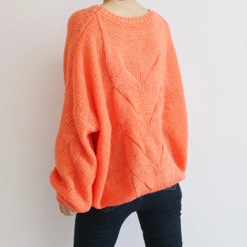 Women Mohair Pullover Sweater Lazy Wind Cable Knit 2019 Autumn Winter Lantern Sleeve Orange Oversized Jumper | Женская одежда