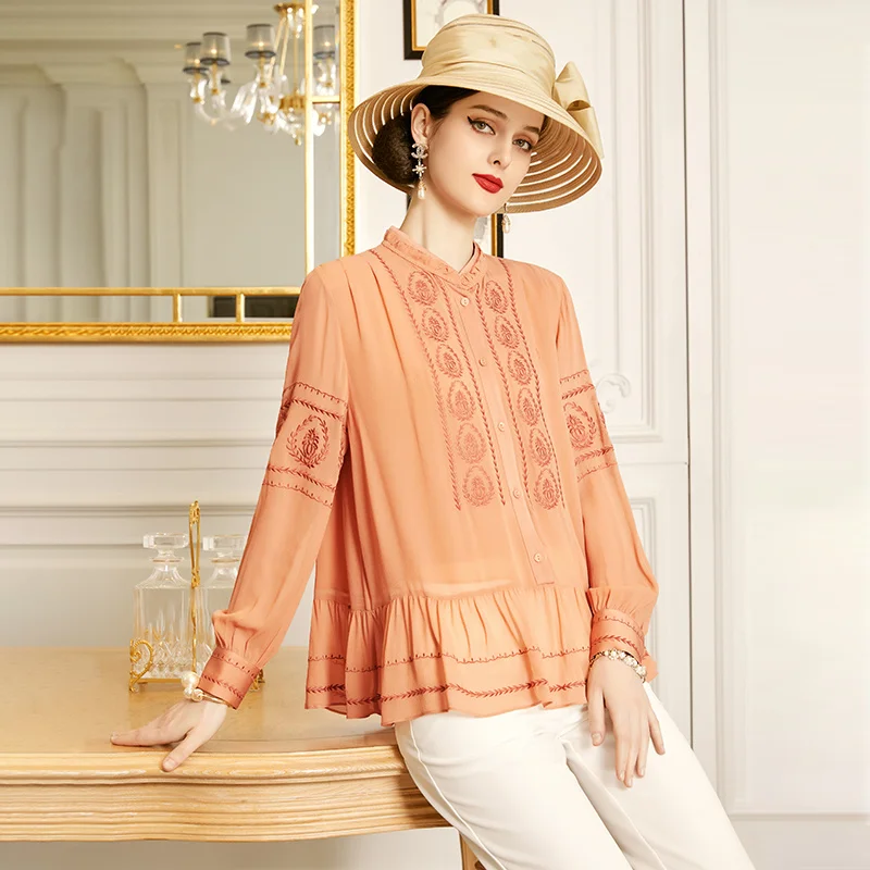 

SHZQ 2021 New Autumn Silk Blouse Orange Single Breasted Women's Shirt Mulberry Silk Blouse Women's