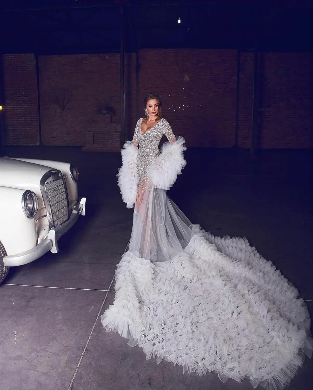 2020 Crystal Mermaid Wedding Dresses With Long Ruffle Wrap V  Neck Sexy Transparent Bridal Gowns Sequined vestido de novia