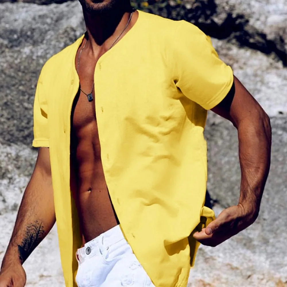 

2021 New Mens Casual Stand Collar Shirt Short Sleeve Loose Collarless Holiday Blouse Top Sleeve Tee Shirt Spring Autumn Summer