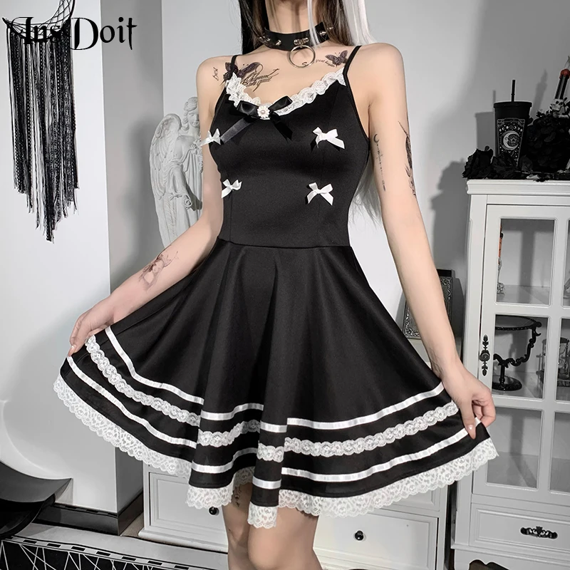 

InsDoit Gothic Lace Black Dress Women Vintage Bow Summer Sexy Backless Bodycon Harajuku Aesthetic Fashion Elegant A LINE Dress