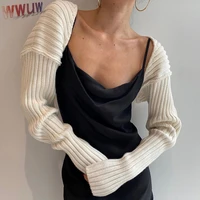 autumn white women sweater shrugs cropped top full lantern sleeve knitwear pullover fashion sexy high street outwear spring new