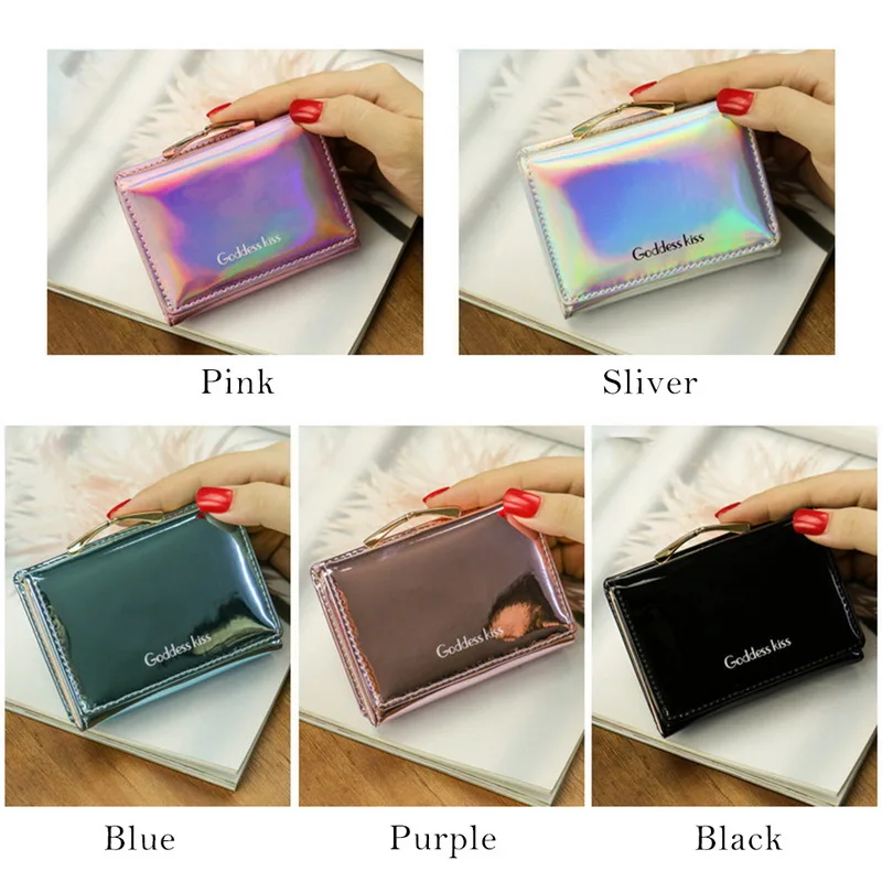 

2020 Newest Hot Women Short Small Coin Purse Wallet Ladies Leather Folding Card Card Holder Laser Colorful Coin Purses