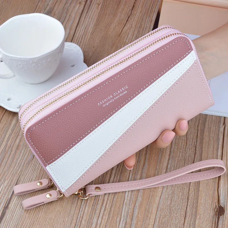 

Women Wallets Wristband Phone Purses Splice Female Purse Leather Ladies Long Woman Wallets Clutch Double Zipper Big Card Holder