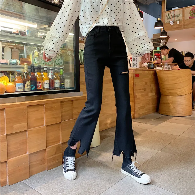 

HziriP Korea Black Hole Women Slim High Waist Plus Size Slender Jeans Casual Flare Pants Girls Denim Solid All-Match Trousers