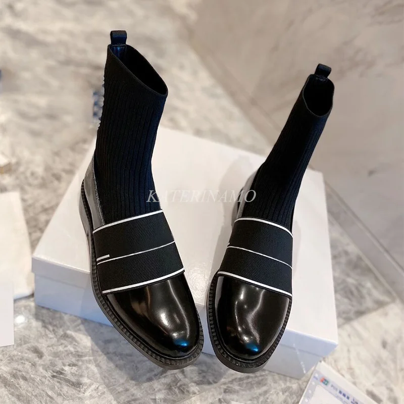 

Женские Брендовые ботильоны из натуральной кожи, Новые осенне-зимние женские короткие сапоги из эластичной ткани с круглым носком, женская ...