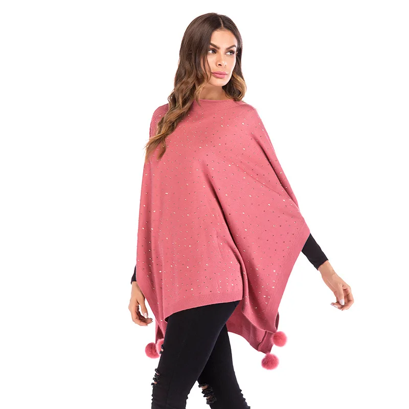 

2019 Autumn Winter Sweater Women's Loose Shawl Cloak Shiny Seven-point Red Bat Sleeve Knitwear