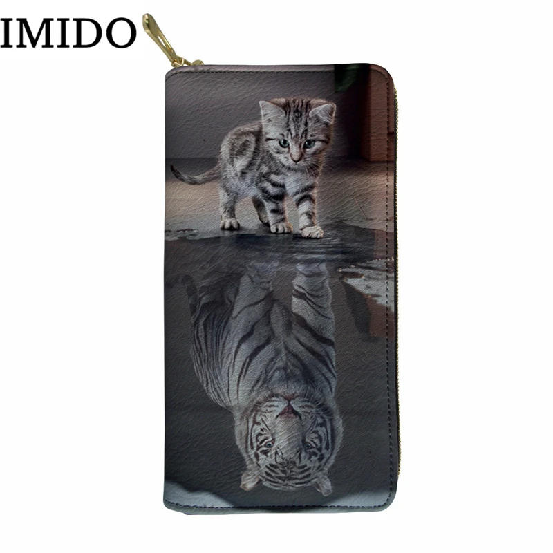 IMIDO уникальный женский длинный кожаный кошелек с изображением кота, тигра, кредитная карта, Женский кошелек, дизайнерский кошелек, женский клатч