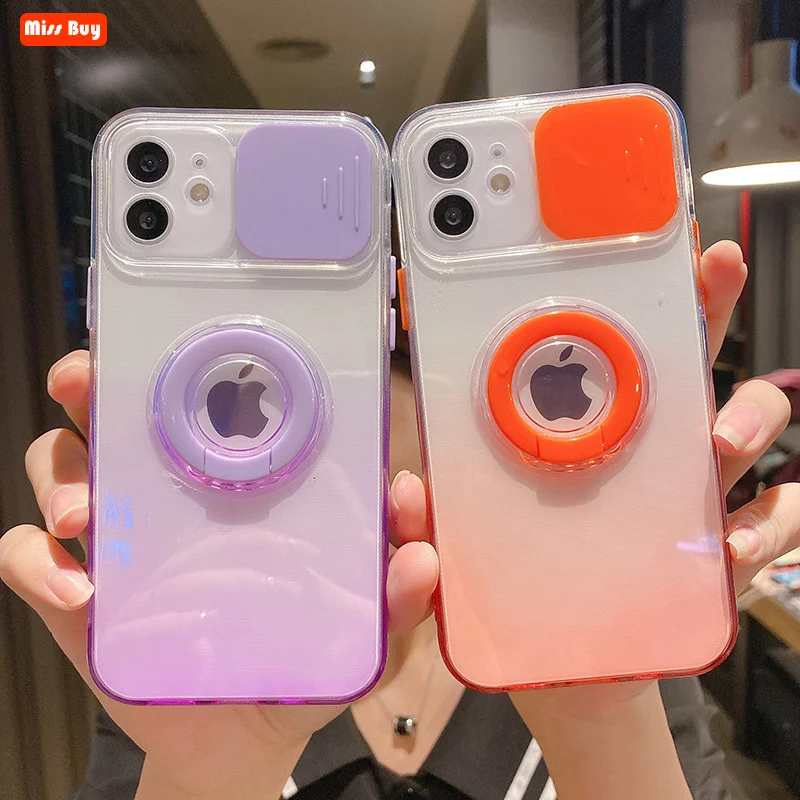 

Armor Gradient transparent Lens Camera Protection Case for iPhone 13 12 11 Pro Max X XS Max XR 7 8 Plus SE2020 Ring Holder Cover