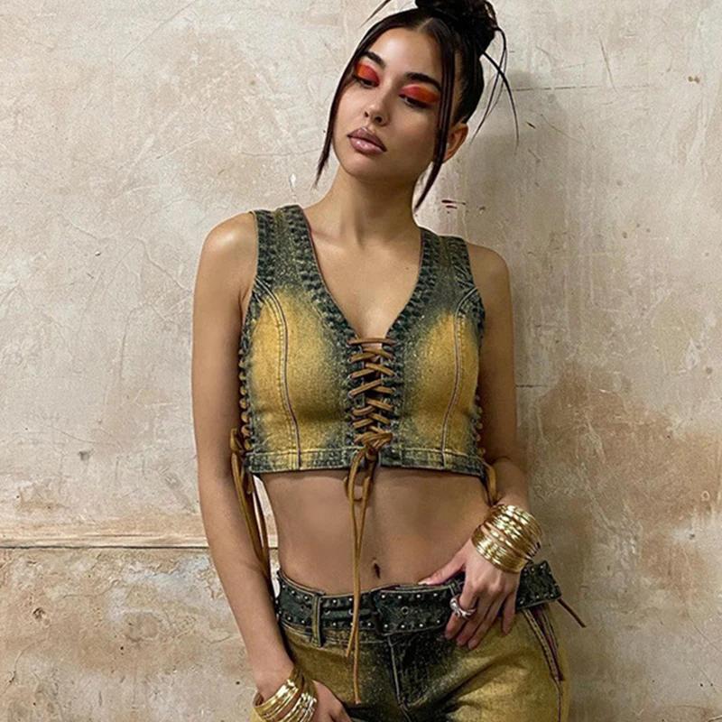 

Жилет-галстук из денима, летний сексуальный укороченный топ с глубоким V-образным вырезом без рукавов, Клубная уличная одежда, 2021