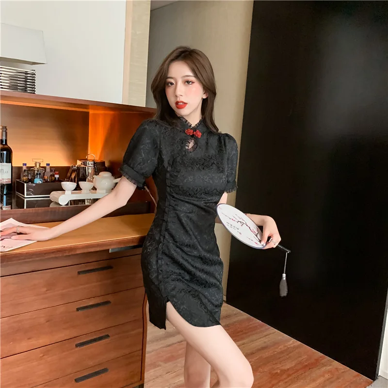 

Retro Summer Cheongsam Dresses Women Chic Lace Ruffles Puff Sleeve Bodycon Mini Dress Girly Elegant Qipao Chinese Style Dresses