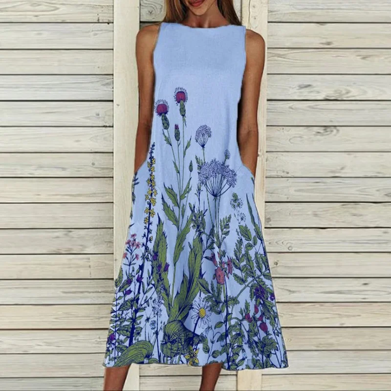 

Women Printing Dress Summer Sleeveless Pocket O Neck A-Line Dresses For Women Vintage Loose Dress Plus Size Back Zipper