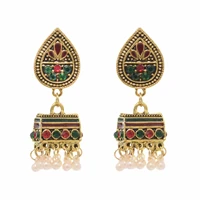 one pair gold vintage indian earrings for women rhinestone pearl tassel charm jhumka dangle earrings turkey afghan dress jewelry