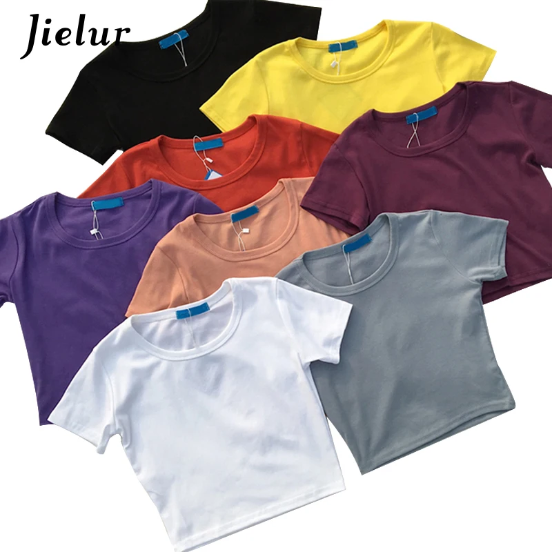 Кроп-топ Jielur женский однотонный в Корейском стиле хлопковая Базовая футболка