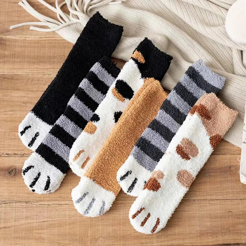 

6 Pairs Winter Stocking Fuzzy Cat Paw Coral Fleece Cozy Extra Thick Mid-calf Length Long Socks for Sleeping