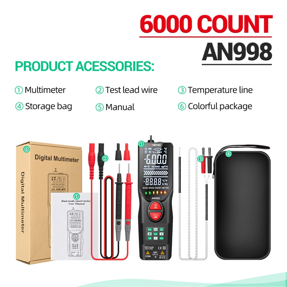 

ANENG AN998 Automatic Digital 6000 Counts Professional Multimeter Eletric Auto Ranging AC/DC Voltmeter Temp Ohm Hz Detector Tool