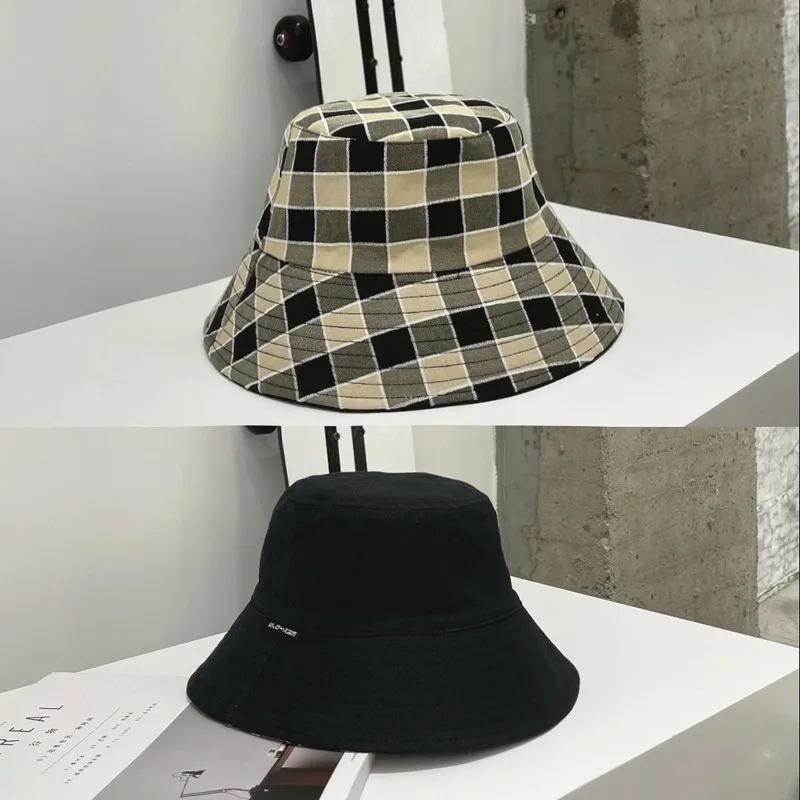 

Hat female Korean version of the tide can wear classic lattice Bucket hat spring and summer retro wild pure color Fisherman hat