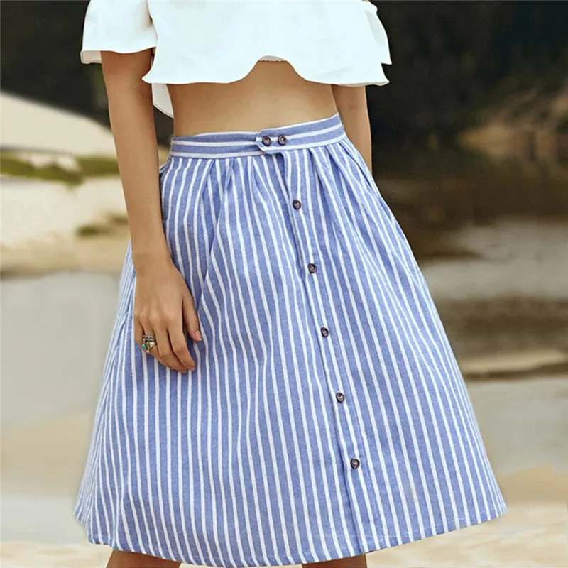 

High Waist Striped Skirt Fashion Female Summer Skirt Knee Length A-Line Pleated Skirt Button Elegant Cute Skirt Ropa Mujer