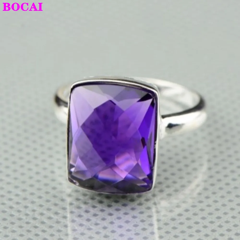 

BOCAI 100% S925 sterling silver female ring Thai silver inlay square amethystine hand jewelry 2021 fashion Pure Argentum rings