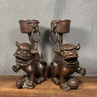 8"Chinese Folk Collection Old Bronze Cinnabar Lion statue Wax table A pair Oil lamp Office Ornaments Town House Exorcism