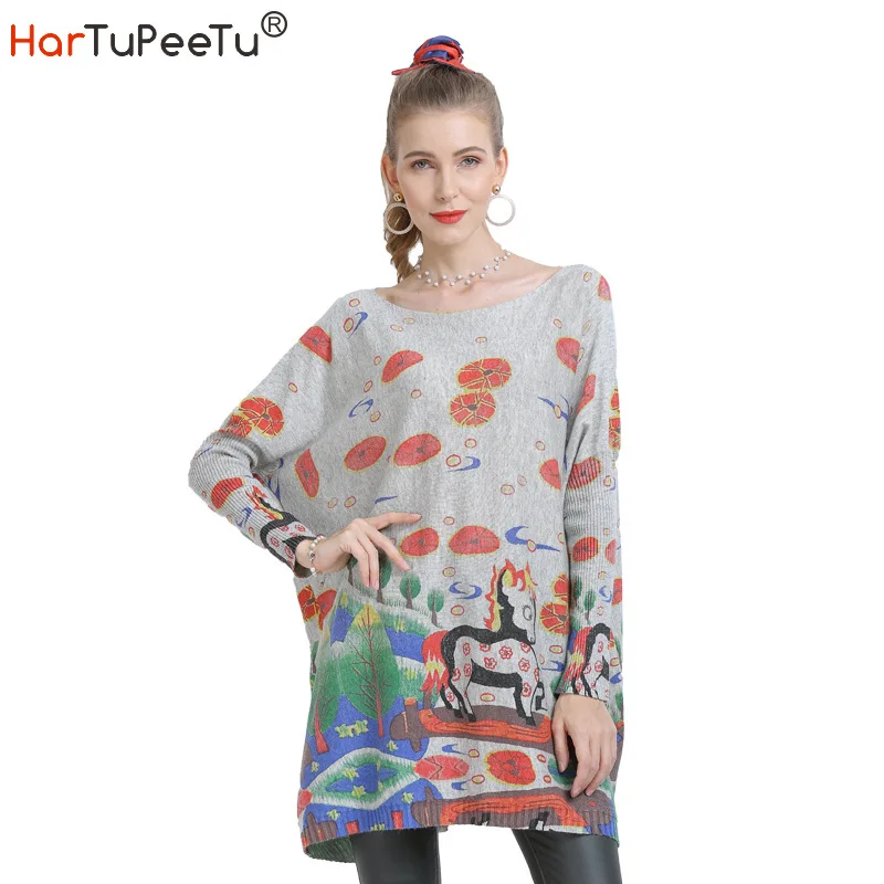 

Pullover Sweater Dress Women Big Size Autumn Winter Vintage Knit Sweaters Funny Cartoon Print Batwing Long Sleeve Loose Tops