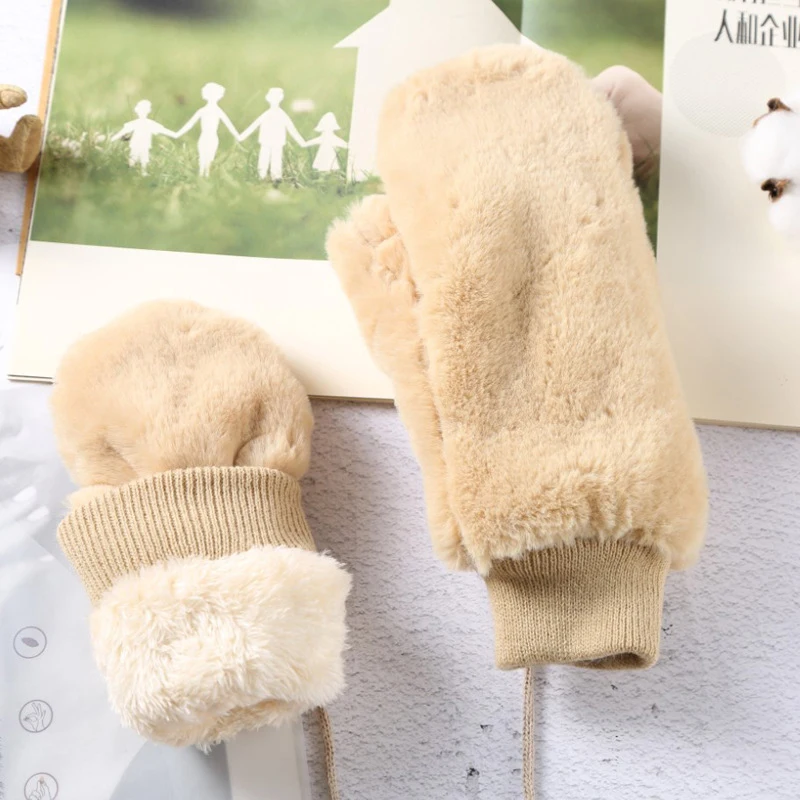 

Winter Fashion Plush Faux Fur Gloves Women Girls Windproof Velvet Thicken Warm Mittens Soft Stretch Type Gloves Hand Warmer