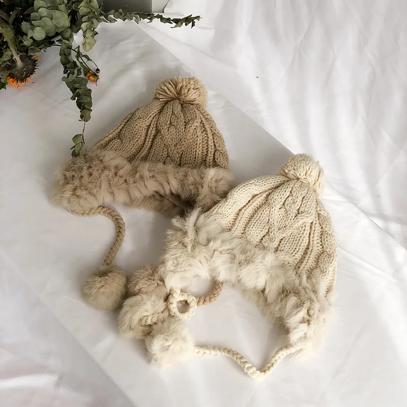 Меховая шапка для женщин зимняя из русского кроличьего меха женская с защитой