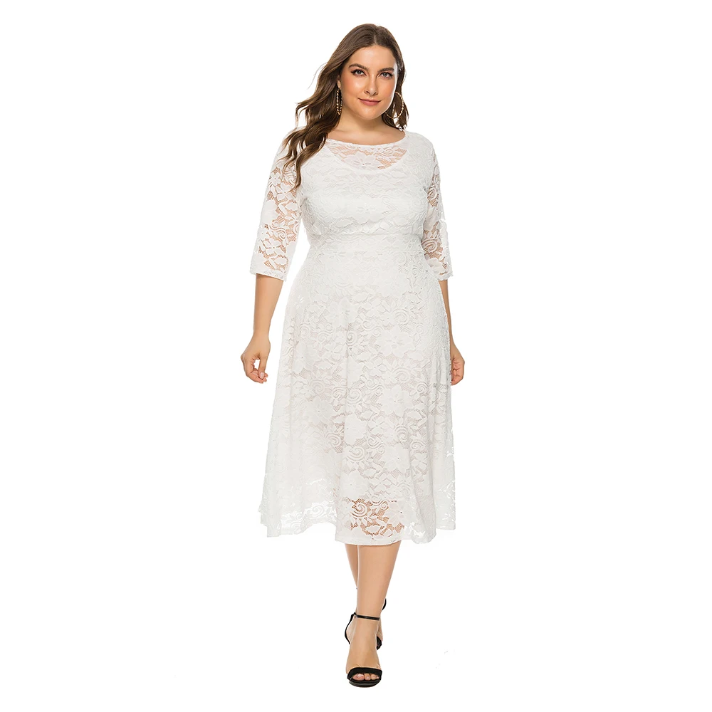 

5XL 6XL Floral Lace Dress Women Plus Size O-neck 3/4 Sleeve Evening Party Vestidos Elegant Retro Hollow Out Dresses with Pockets