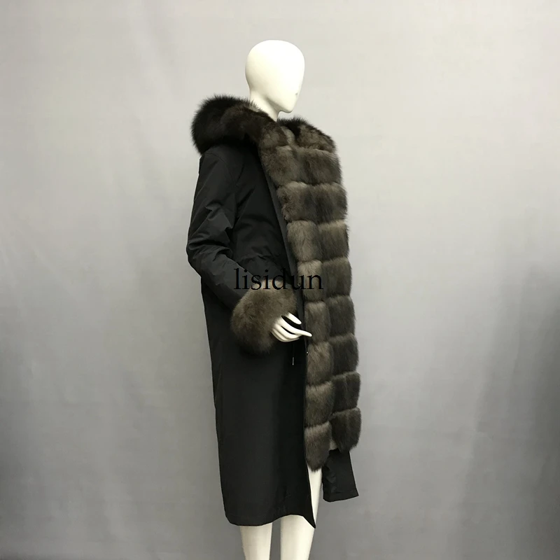 Женская парка на кроличьем меху LISIDUN серебристая куртка с капюшоном и подкладкой