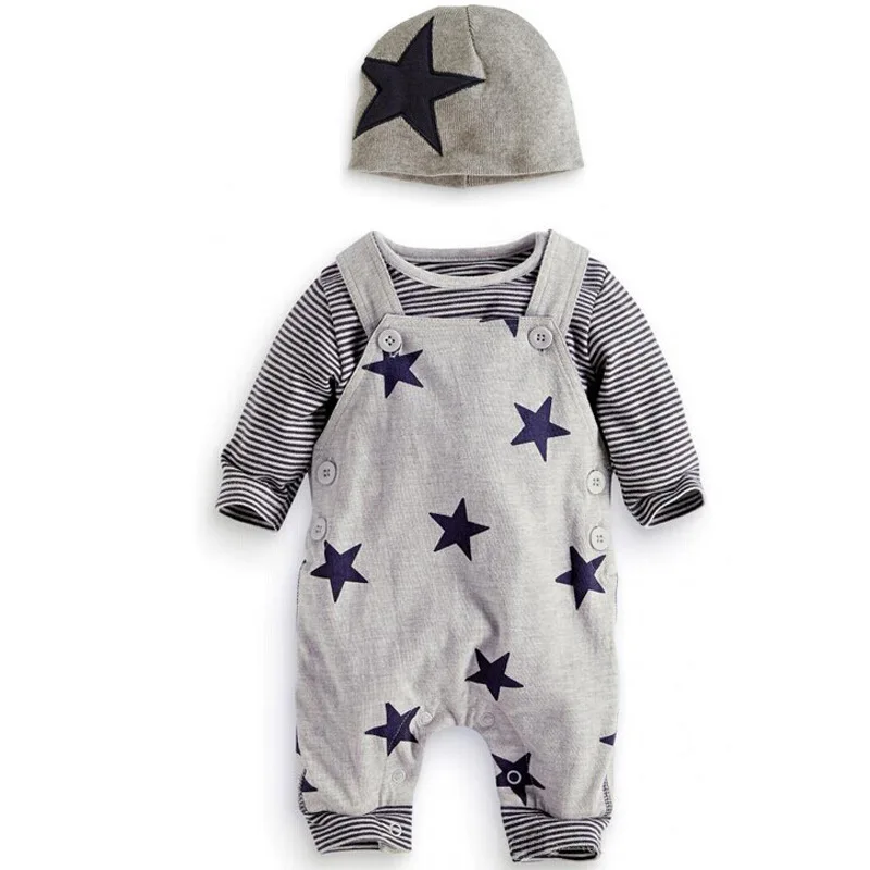 

2020 Cute Autumn Baby Clothes Newborn Baby Toddler Star Dungree 3pcs Baby Set Long Sleeve Stripe Shirt+Pants+Hat Children Set